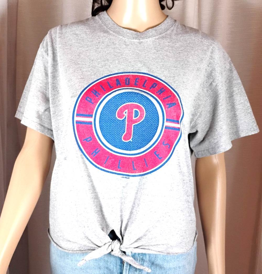 Phila Phillies Cropped Cutoff T Shirt Heathered Knotted Graphic MLB Womens Med
